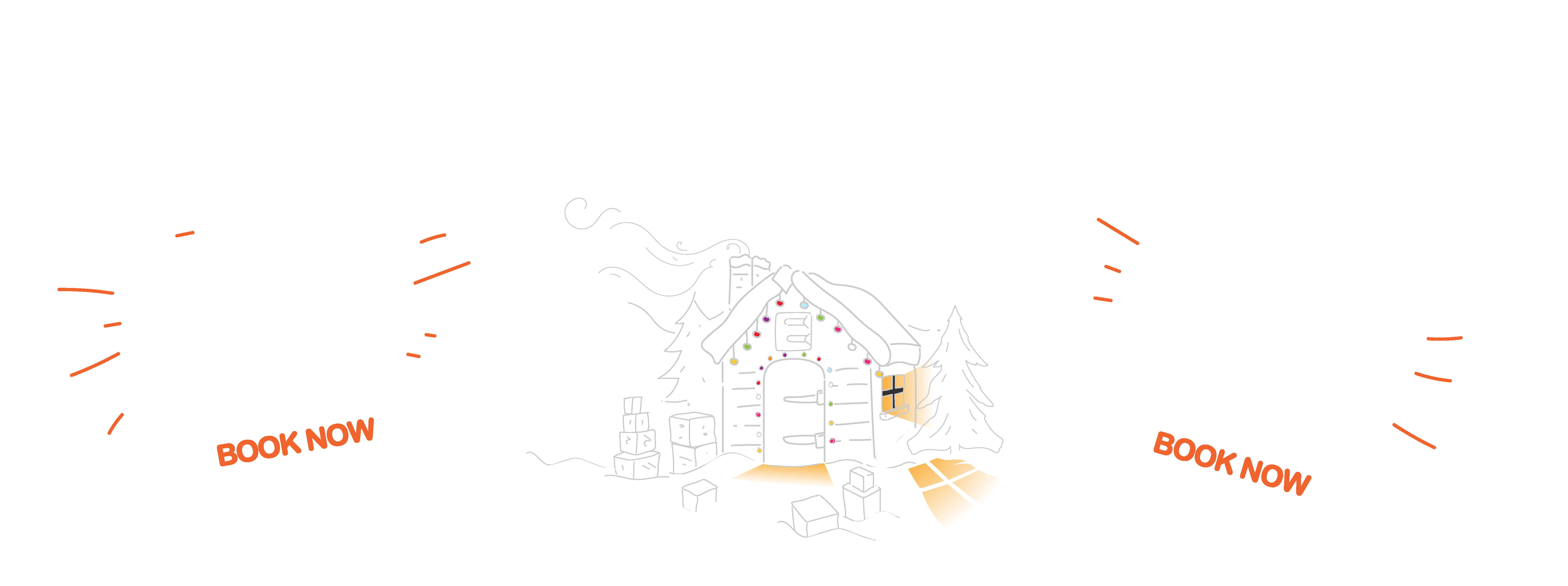 Santa's Grotto. An illustrated drawing of Santa's Grotto with snow falling around. Presents scattered out side in the snow. A light is on inside. The door has fair lights around it and the roof has lights on it to.